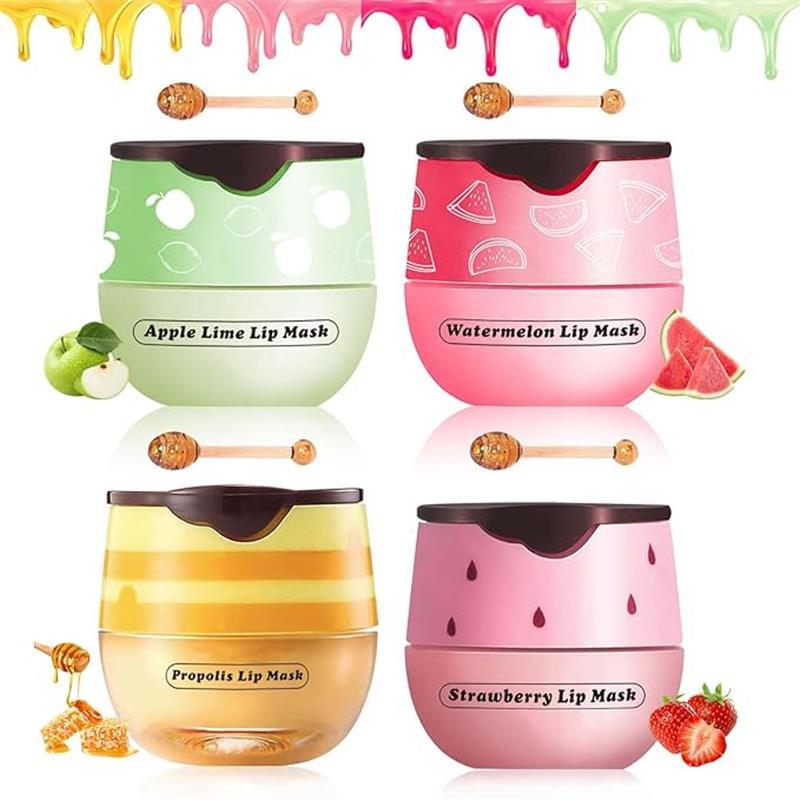 4 PCS Bee Lip Balm Honey Pot, Honey Strawberry Watermelon Apple Bee Lip Balm Sleeping Lip Mask Overnight with Sticks, Honey Pot Balm