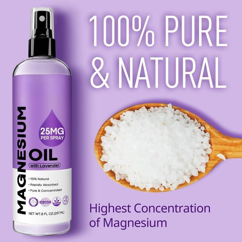 Pure Magnesium Oil Spray with Lavender - Big 8 fl oz Topical Magnesium Chloride for ,   Magnesium Spray from Ancient Zechstein Seven Seabed Minerals