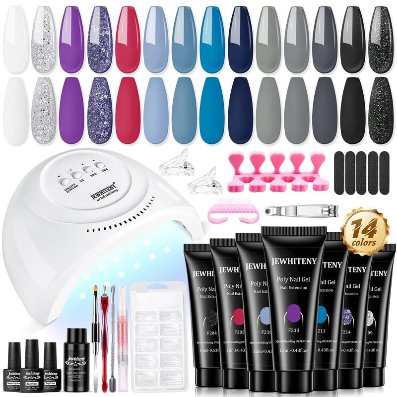 JEWHITENY 14 Colors Poly Nail Gel Kit All-in-one Kit Poly Nail Gel Kit with Nail Lamp Builder Nail Gel Nail Strengthen DIY at Home Beauty Gifts Matte and Glossy Top Coat