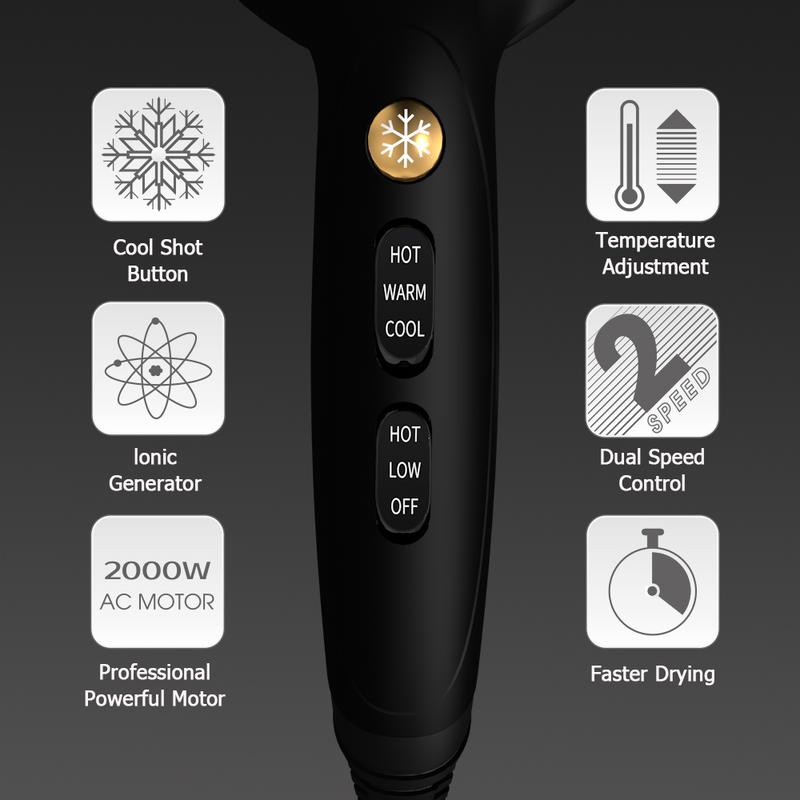 2000 Watt Negative Ions Ceramic Hair Dryer Professional Salon Blow Dryer, Lightweight Powerful Travel Hairdryer,Cool Hot Button,3 Heat & 2 Speed Settings with Concentrator Nozzle