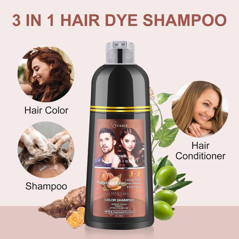 FVSHIP Chestnut Brown Hair & Black Hair Dye Shampoo Instant Hair Color Shampoo for Gray Hair Coverage, Herbal Brown Hair Dye Shampoo 3 in 1 for Men Women Long Lasting & Coverage Haircare 500ml