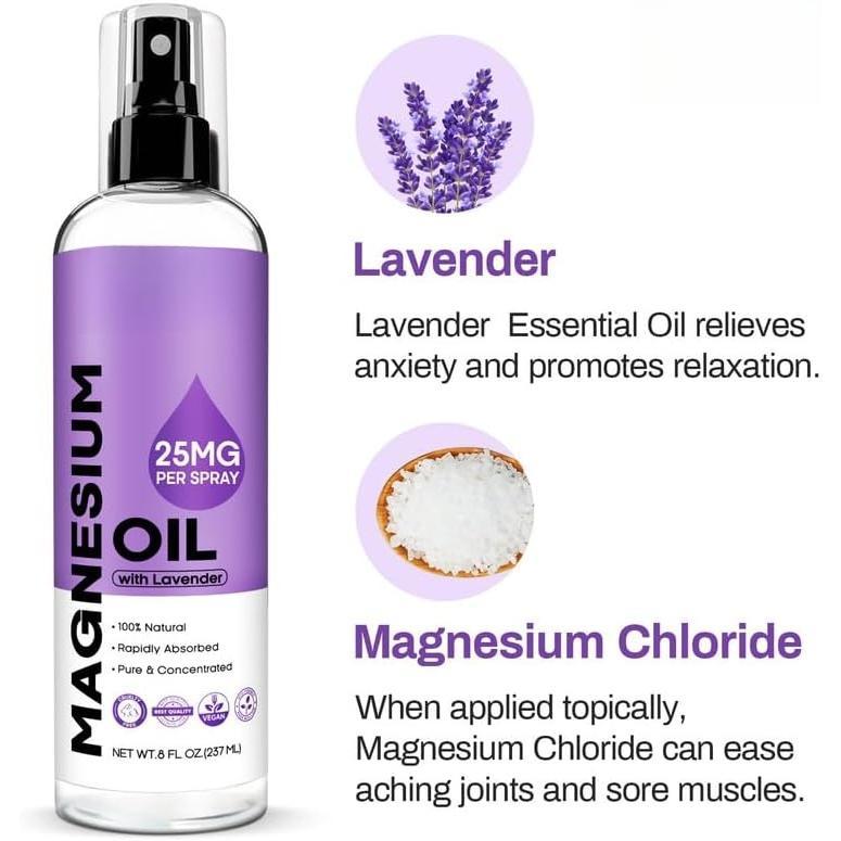 Pure Magnesium Oil Spray with Lavender - Big 8 fl oz Topical Magnesium Chloride for ,   Magnesium Spray from Ancient Zechstein Seven Seabed Minerals