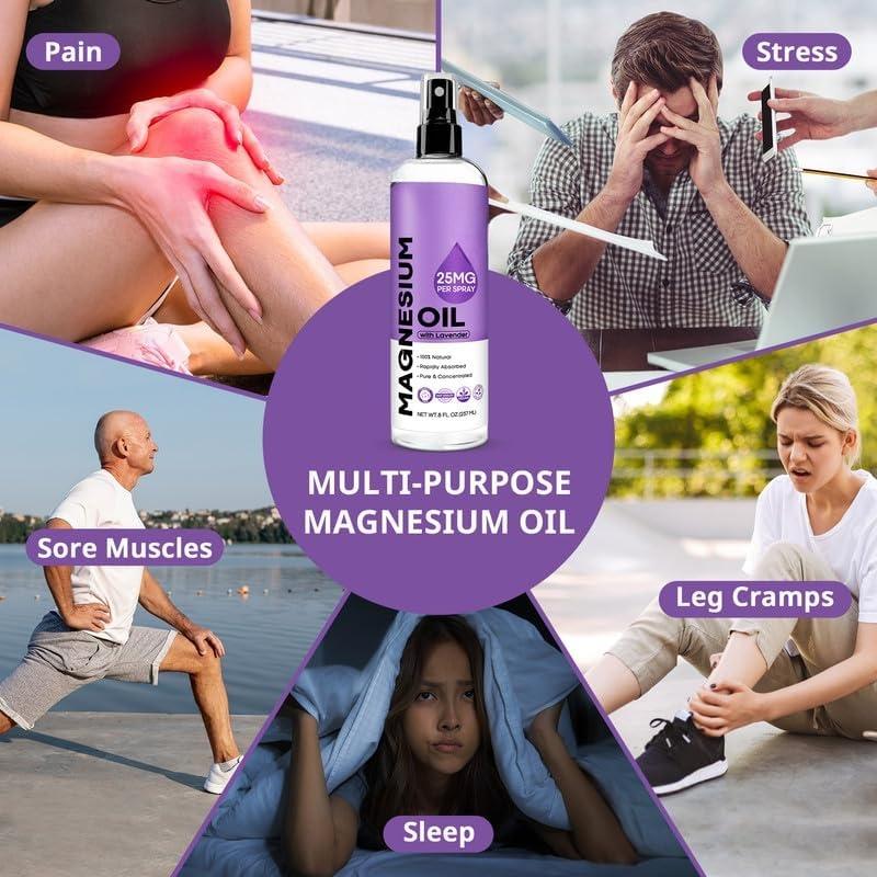 Pure Magnesium Oil Spray with Lavender - Big 8 fl oz Topical Magnesium Chloride for ,   Magnesium Spray from Ancient Zechstein Seven Seabed Minerals