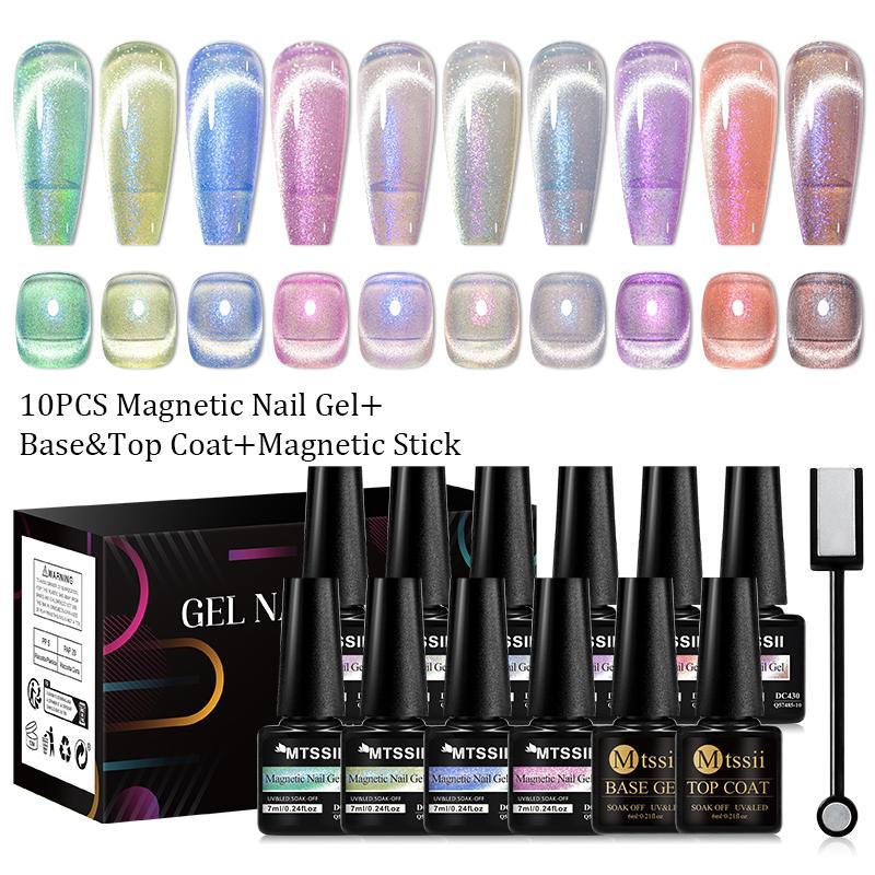 10 Colors Cat Eye Magnetic Gel Nail Polish with Magnetic Stick, 13pcs set Semi-permanent Nail Art Aurora Glitter Cat Eye Gel Varnish with Top Coat Base Gel