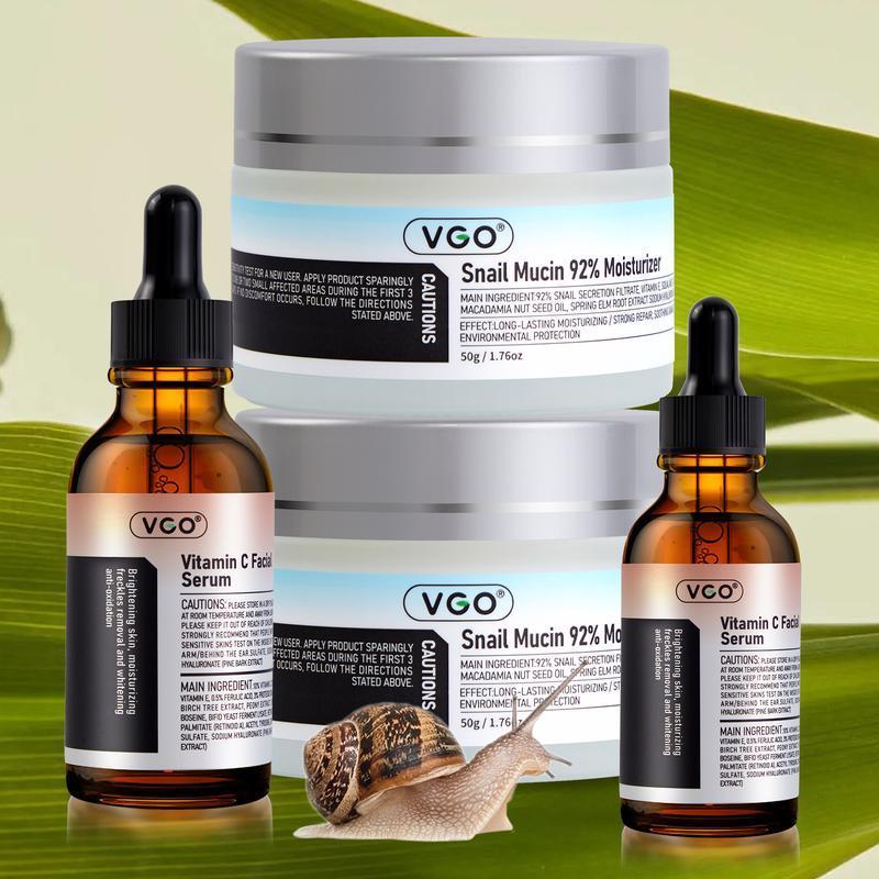 VGO-Essence Face Cream Moisturizing and Repairing Set with Snail Mucin Moisturizer and Vitamin C Facial Serum - Gentle, Hyaluronic anti-aging hydrating