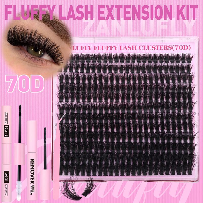 zanlufly Fluffy Lash Clusters Kit D Curl Thick Eyelashes 10-18MM Fluffy Eyelashes Extensions Bond Seal and Remover 70D Lash Extension Kit Cosmetic