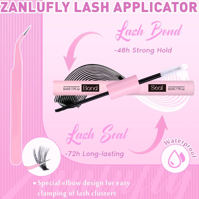 zanlufly Fluffy Lash Clusters Kit D Curl Thick Eyelashes 10-18MM Fluffy Eyelashes Extensions Bond Seal and Remover 70D Lash Extension Kit Cosmetic