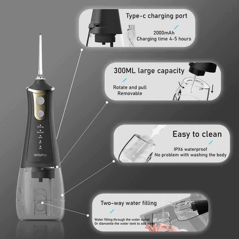 Wifepro Cordless Select (L11) Oral Irrigator Water Flosser 300ML Water Tank 4 Cleaning Modes 5 Replaceable Jet Tips and Storage Bag Mothers Day Gifts Daily Nozzle Cleansing pulling oil