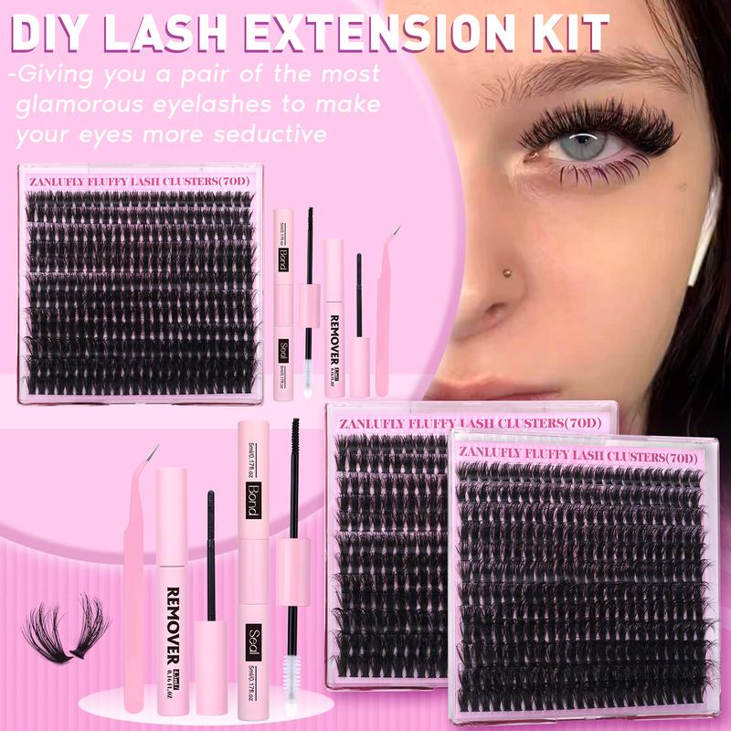 zanlufly Fluffy Lash Clusters Kit D Curl Thick Eyelashes 10-18MM Fluffy Eyelashes Extensions Bond Seal and Remover 70D Lash Extension Kit Cosmetic