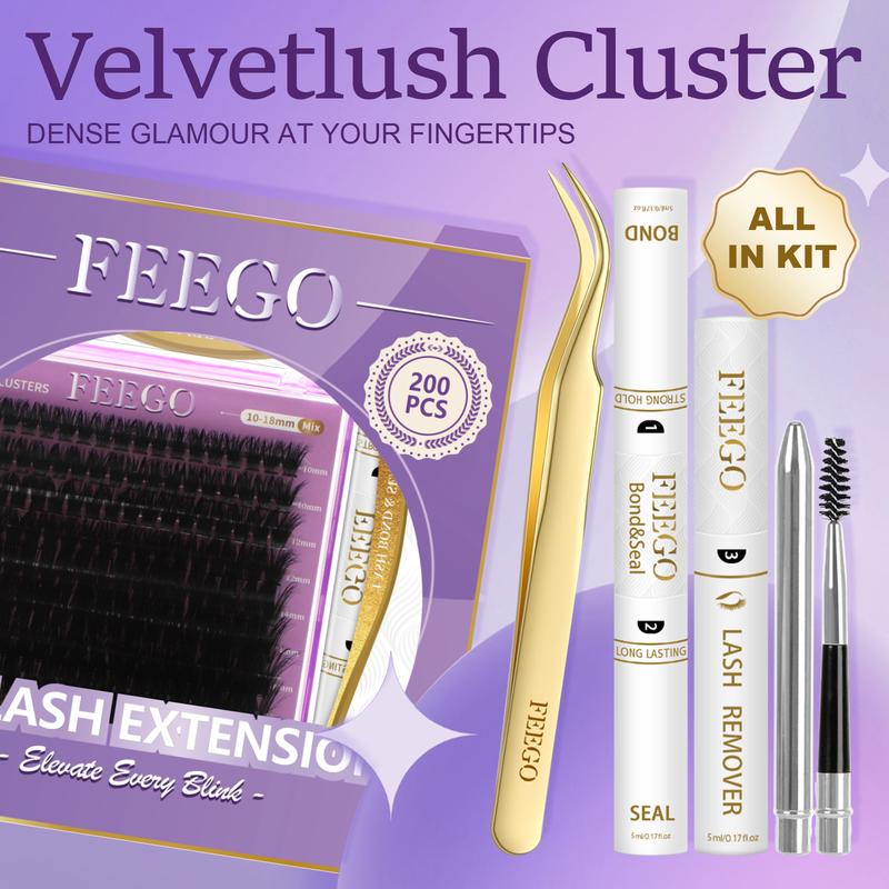 FEEGO Thick Lash Extension Kit Fluffy Lash Clusters 100P 10-18MM Eyelashs Extension Kit curling mascara Lash Extension Kit with Bond and Seal Glue, Lash Applicator DIY at Home for Beginner Makeup Cosmetic Eyelashes Extensions