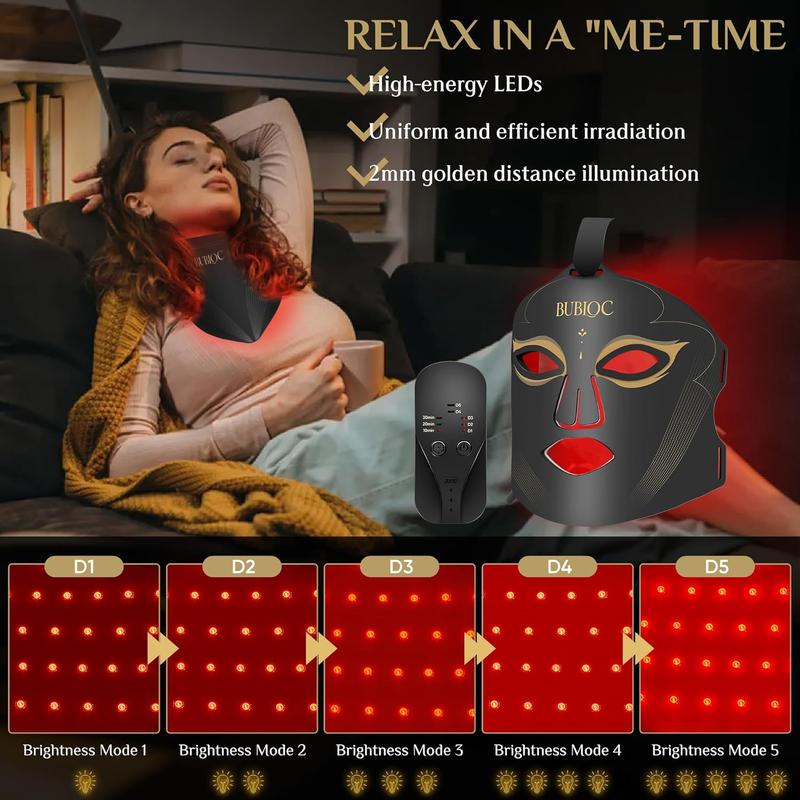 Red light mask set, 7-color LED mask, five-level brightness adjustment, suitable for face and neck, portable mask with power storage