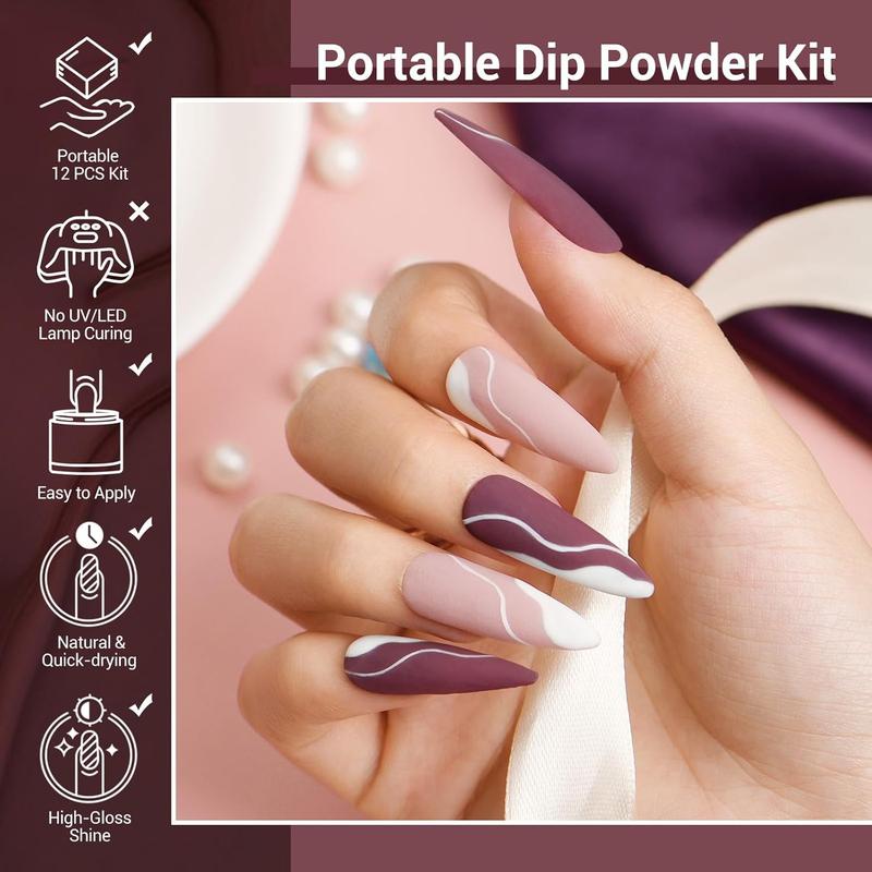 Dip Powder Nail Starter Kit White Mauve Glitter Champagne, Dipping Powder 4 Colors Fall Winter Set, French Nail Art Base & Top Coat Activator Essential Liquid Manicure DIY Salon 12 PCS