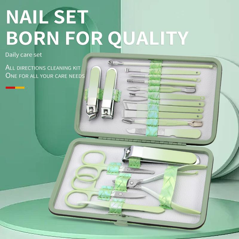 18 piece stainless steel gradient nail clipper set for home use, woven leather bag, nail clipper, nail trimming, dead skin removal, nail art tools