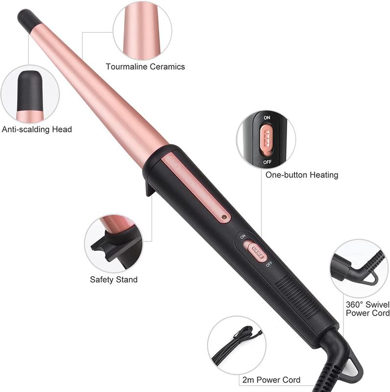 Hair Curling Wand, 0.5-1Inch Tapered Curling Iron, Professional Ceramic Hair Curler Wand with Heat-Resistant Glove, Dual Voltage (Pink) timer setting