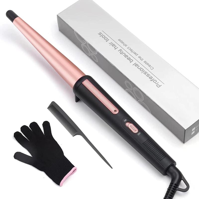 Hair Curling Wand, 0.5-1Inch Tapered Curling Iron, Professional Ceramic Hair Curler Wand with Heat-Resistant Glove, Dual Voltage (Pink) timer setting