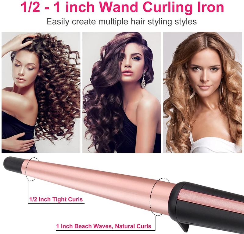 Hair Curling Wand, 0.5-1Inch Tapered Curling Iron, Professional Ceramic Hair Curler Wand with Heat-Resistant Glove, Dual Voltage (Pink) timer setting