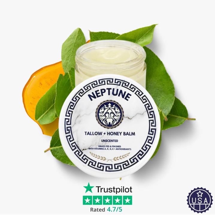 NEPTUNE Tallow + Honey Balm , Grassfed   Finished with Vitamin A ,K ,D, E. 100% Natural Beeswax . Honey , Natural Ingredient . Hydrating Soothing Moisturizer Skin Repair Skincare Acne