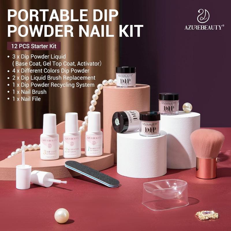 Dip Powder Nail Starter Kit White Mauve Glitter Champagne, Dipping Powder 4 Colors Fall Winter Set, French Nail Art Base & Top Coat Activator Essential Liquid Manicure DIY Salon 12 PCS