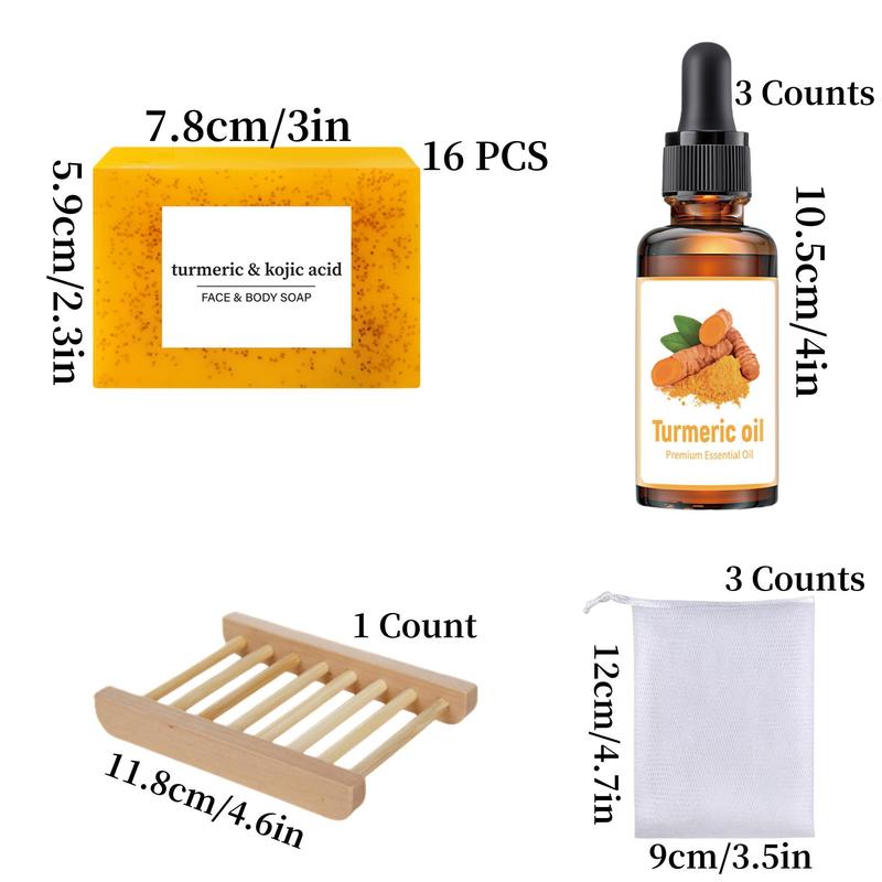 Turmeric Skincare Set, 16pcs set Cleansing Soap & 3 Counts Turmeric Oil & 1 Count Soap Dish & 3 Counts Soap Bag, Body & Face Care for Women & Men