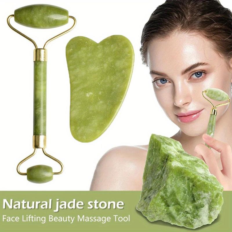 Natural Jade Roller Massager for Face, Eye, Neck, 2 Counts set Manual Massage Tool for Reduces The Look Or The Signs Of Aging, Gua Sha Massage Tools