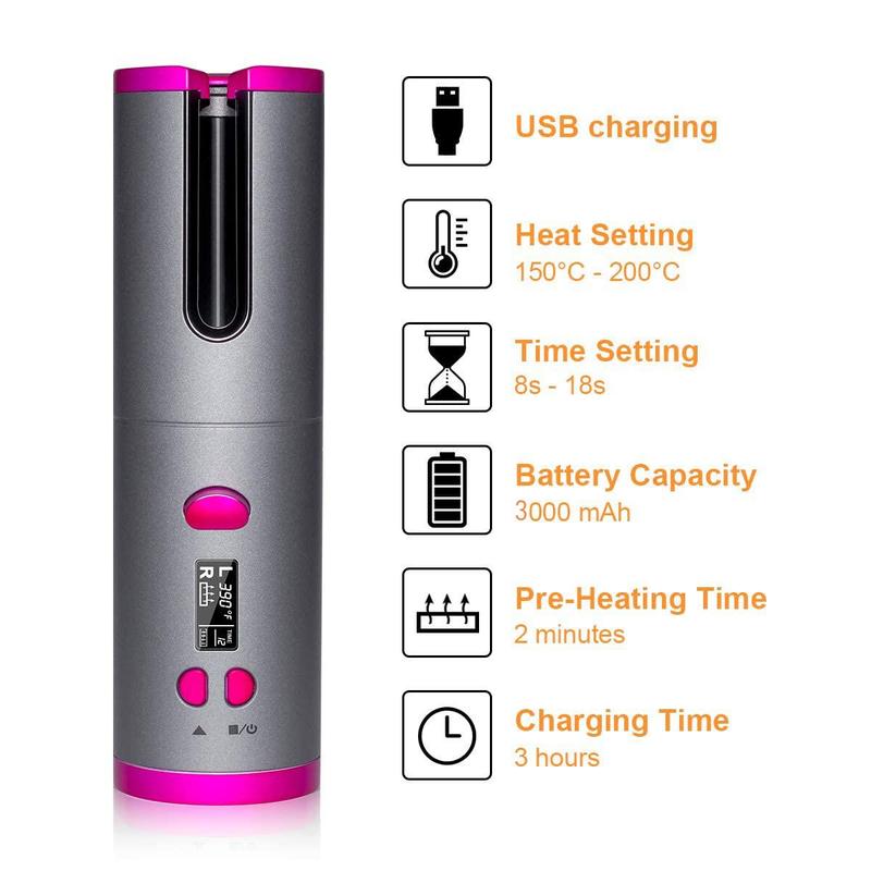 Portable Wireless Hair Curler, Rechargeable Automatic Hair Curler with LCD Digital Display & 6 Adjustable Temperatures, Hair Styling Tool for Home & Travel, Halloween, Christmas, Fall