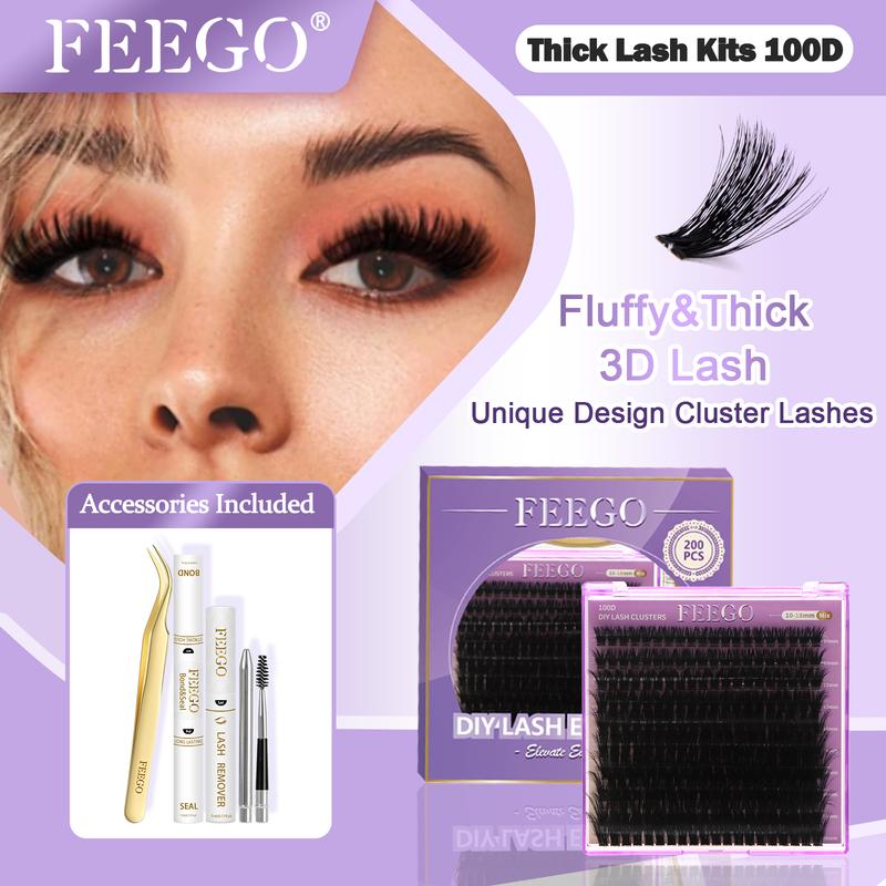 FEEGO Thick Lash Extension Kit Fluffy Lash Clusters 100P 10-18MM Eyelashs Extension Kit curling mascara Lash Extension Kit with Bond and Seal Glue, Lash Applicator DIY at Home for Beginner Makeup Cosmetic Eyelashes Extensions