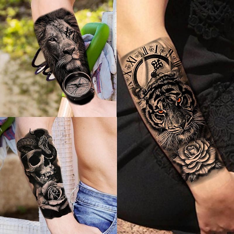 68 Sheets Large Half Arm Sleeve Temporary Tattoos For Men Women Forearm, Tribal Wolf Tiger Lion Owl Skull Temp Halloween Fake Tattoo Stickers Adults, Black Realistic Tattoo Flower Rose Animals