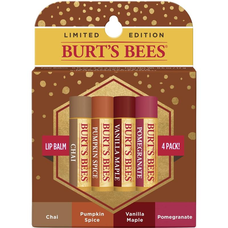 Burts Bees 100% Natural Moisturizing Lip Balm, Winter Variety Pack, Chai Tea, Pumpkin Spice, Vanilla Maple, Pomegranate, 4 Tubes of Lip Balm, 0.15 Ounce (Pack of 4)