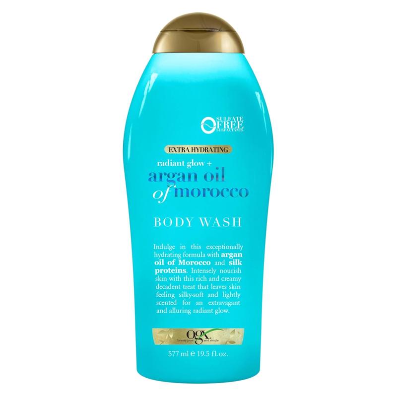 OGX Radiant Glow + Argan Oil of Morocco Extra Hydrating Body Wash for Dry Skin, Moisturizing Gel Body Cleanser for Silky Soft Skin, Paraben-Free, Sulfate-Free Surfactants, 19.5 fl oz