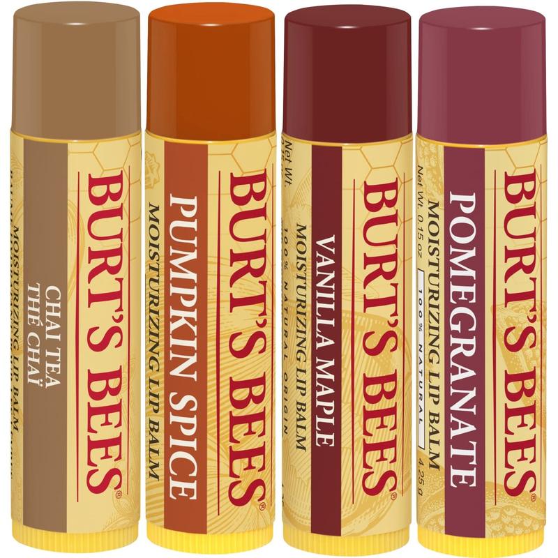 Burts Bees 100% Natural Moisturizing Lip Balm, Winter Variety Pack, Chai Tea, Pumpkin Spice, Vanilla Maple, Pomegranate, 4 Tubes of Lip Balm, 0.15 Ounce (Pack of 4)