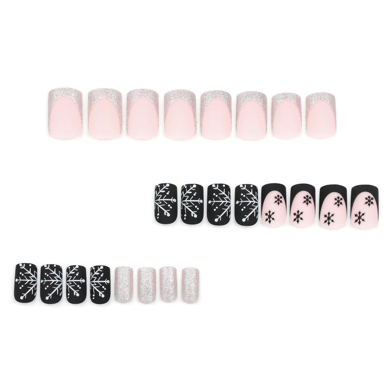 Snowflake Pattern Fake Nails Kit, 24pcs Short Square False Nails for Women & Girls DIY Nail Art, Effortless Press on Nails Manicure Set