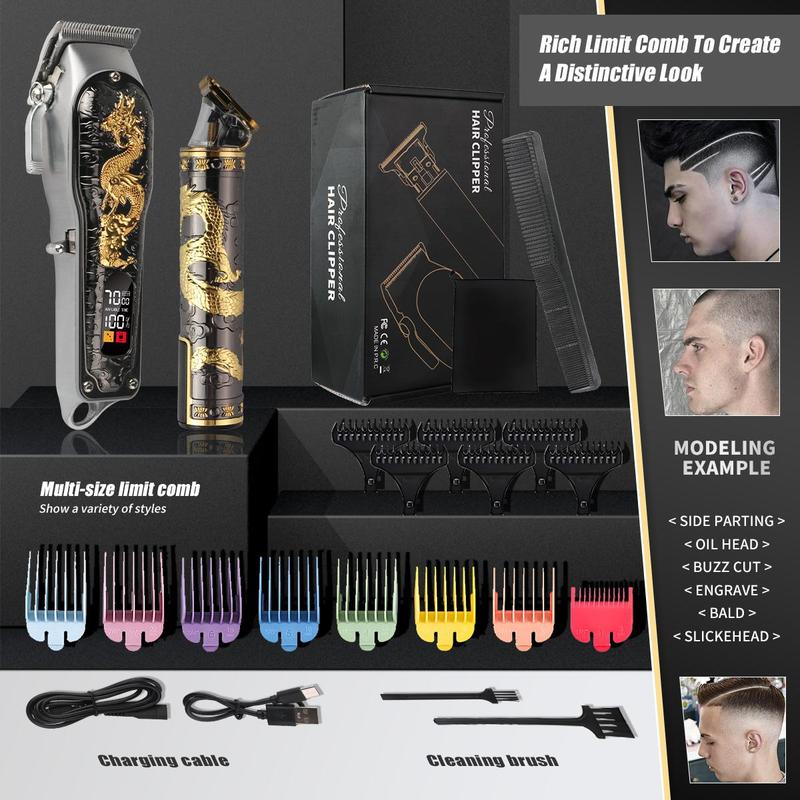 Professional LCD Display Hair Clipper Set, 1 Set Usb Rechargeable Hair Clippers & T-blade Trimmer & Accessories, Hair Cutting Kit for Men