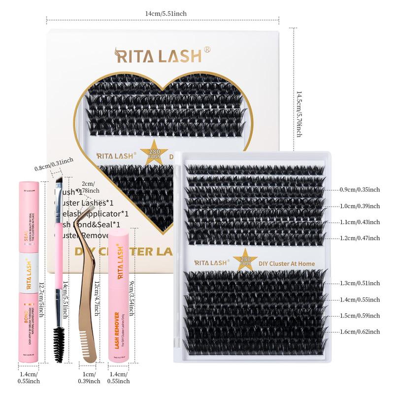 DIY Lashes Extensions Kit, 1 Set Lash Kit with 280pcs D Curl Individual Cluster Lashes, Lash Clusters, Eyelash Extensions Remover, Mascara Brush Lash Applicator, Lashes Glue, Lashes Extension Kit