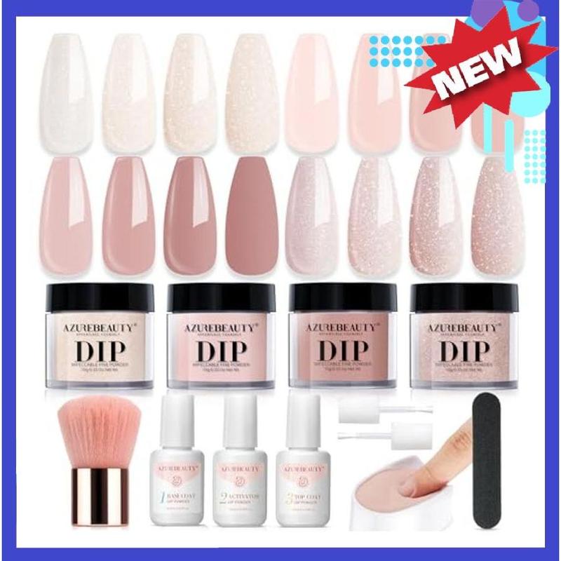 AZUREBEAUTY Dip Powder Nail Kit Starter, All Season Nude Skin Glitter 4 Colors Dipping Powder Liquid Set Recycling Tray with Base & Top Coat Activator for French Nail Art Manicure Salon DIY at Home.