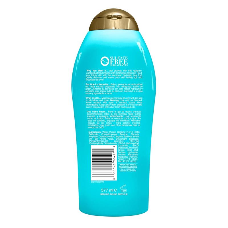 OGX Radiant Glow + Argan Oil of Morocco Extra Hydrating Body Wash for Dry Skin, Moisturizing Gel Body Cleanser for Silky Soft Skin, Paraben-Free, Sulfate-Free Surfactants, 19.5 fl oz