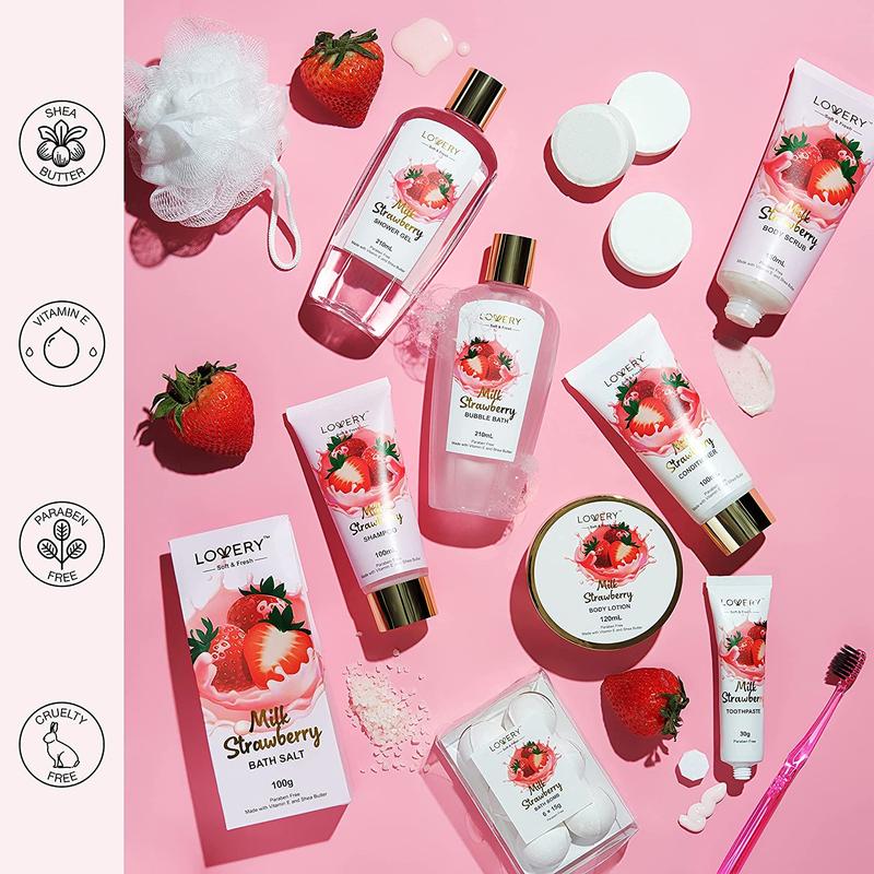 Strawberry Milk Home Bath Gift Set - 25Pc Tote Bag Gift Body Care Kit