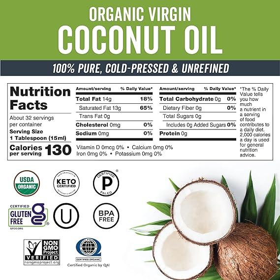 Viva Naturals Organic Coconut Oil Unrefined, Cold-Pressed Extra Virgin USDA Organic & Non-GMO Great as Hair Oil and Skin Oil 16 fl Oz Haircare Hydrate