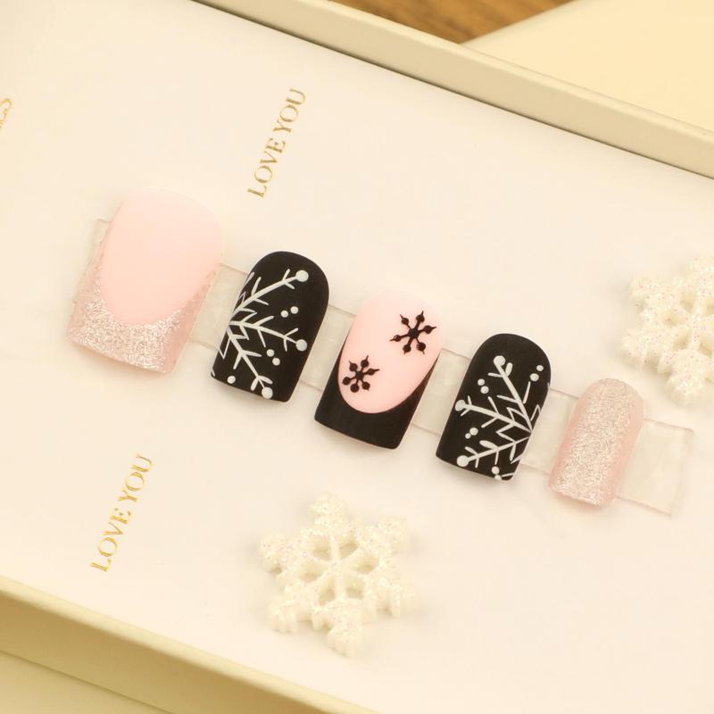 Snowflake Pattern Fake Nails Kit, 24pcs Short Square False Nails for Women & Girls DIY Nail Art, Effortless Press on Nails Manicure Set