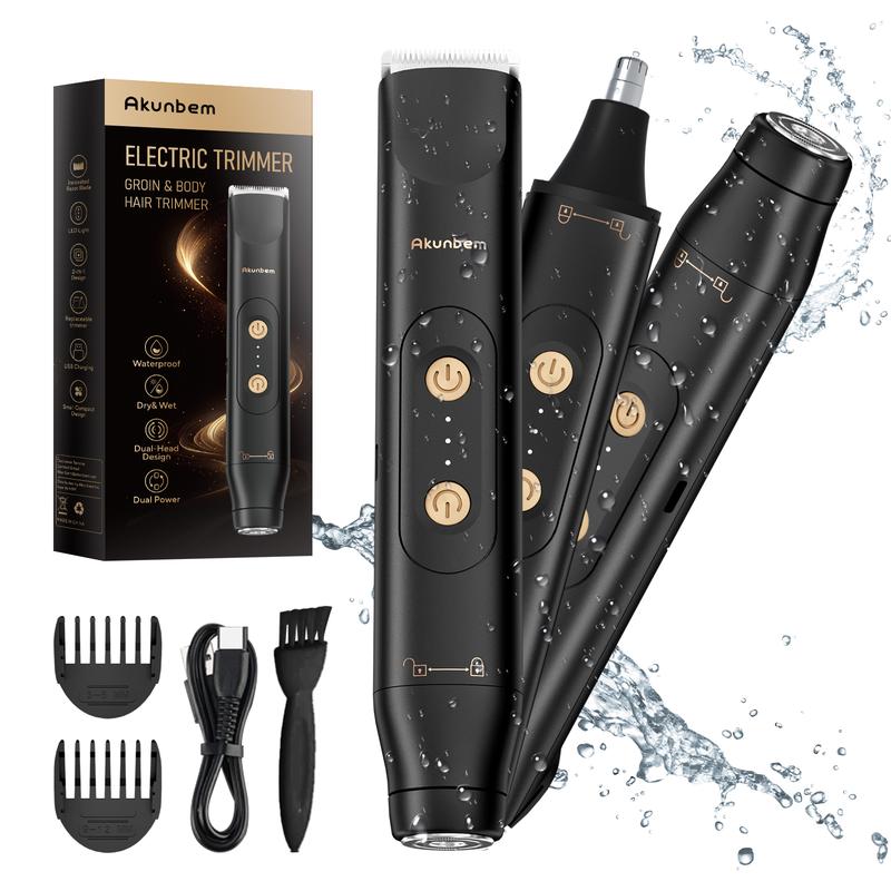 Akunbem Electric Groin Hair Trimmer for Men,Nose Hair Trimmer, Dual Heads Waterproof Ball Pubic Shaver for Male and Female,Replaceable Ceramic Blade Heads, Wet Dry Body Razor,Husband Gift for Birthday and Halloween & Christmas