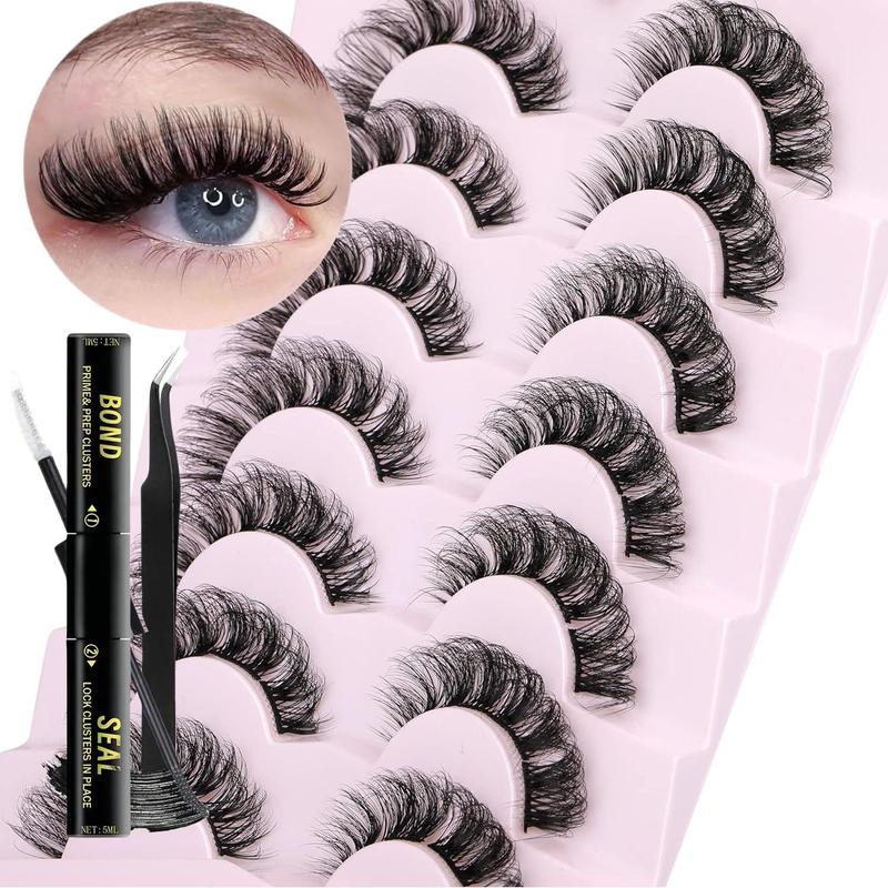 D Curl False Eyelashes with Eyelash Glue & Tweezers, 1 Set Natural Curling Fake Eyelash for Eyelashes Extensions, Volumized Faux Lashes for Makeup Enhancement