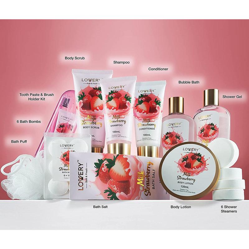 Strawberry Milk Home Bath Gift Set - 25Pc Tote Bag Gift Body Care Kit