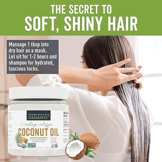 Viva Naturals Organic Coconut Oil Unrefined, Cold-Pressed Extra Virgin USDA Organic & Non-GMO Great as Hair Oil and Skin Oil 16 fl Oz Haircare Hydrate