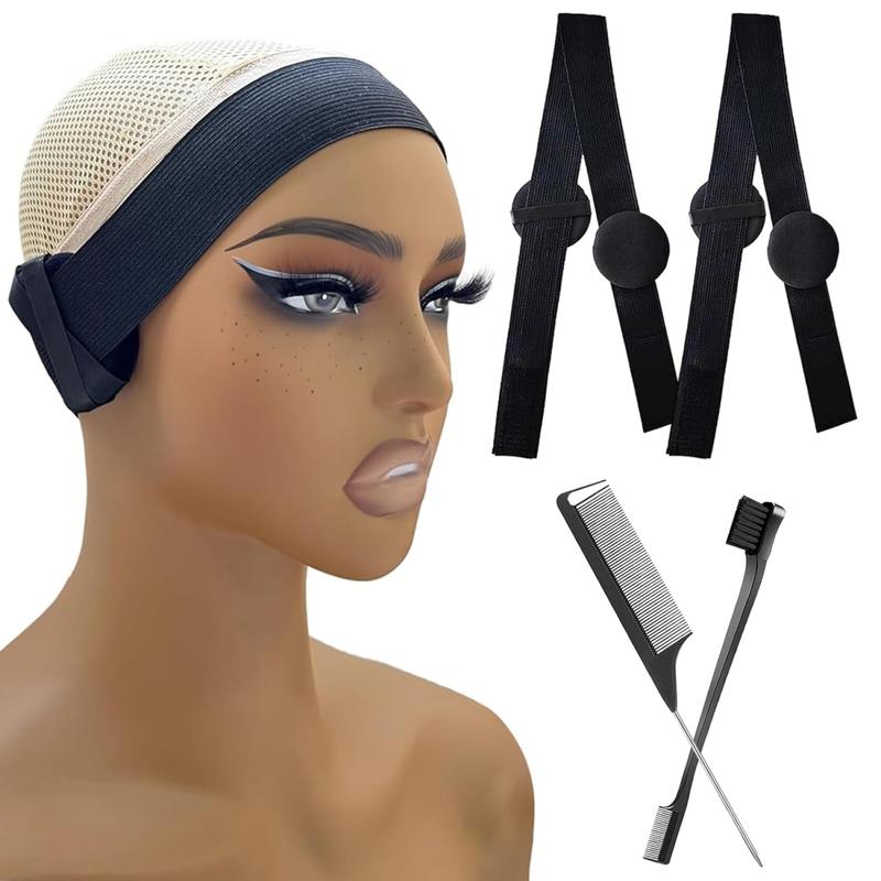 Wig Band with Ear Covers no Slip, Comes with Edge Brush and Rat Tail Comb, Lace Melting Bands for Wig, Edge Band for Lace Front, Elastic Band for Wigs with 2 Slick back Brushes for Edge Control (Black), Haircare Heatless