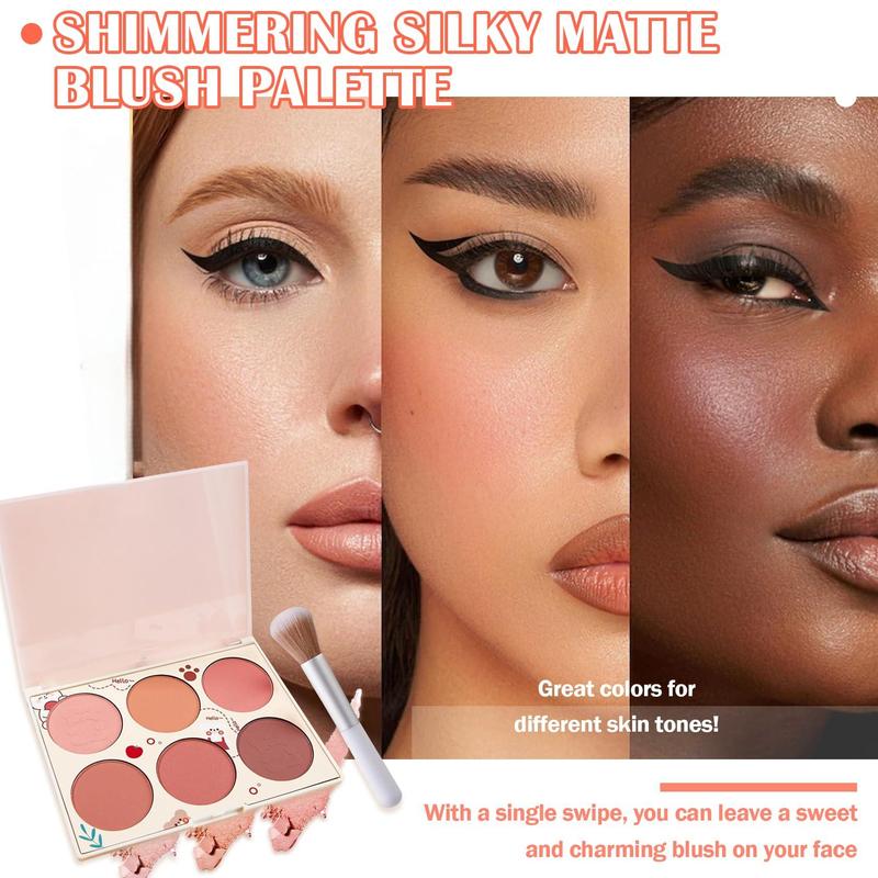 6-color blush palette, shimmer silky matte, professional cute face contour highlight blush palette with blush makeup brush