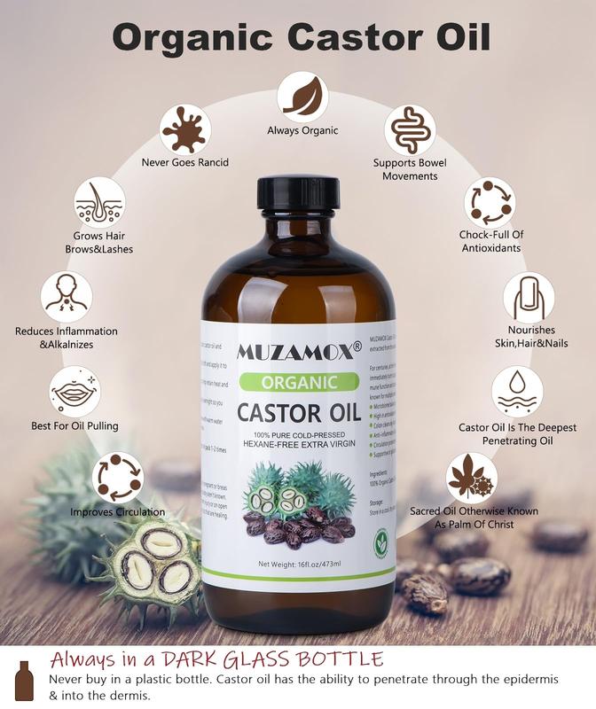 Organic Castor Oil Cold Pressed Glass Bottle, Pure, Cold Pressed and Hexane Free, 16 fl oz Comforting Moisturizing Skin Hair Care Haircare