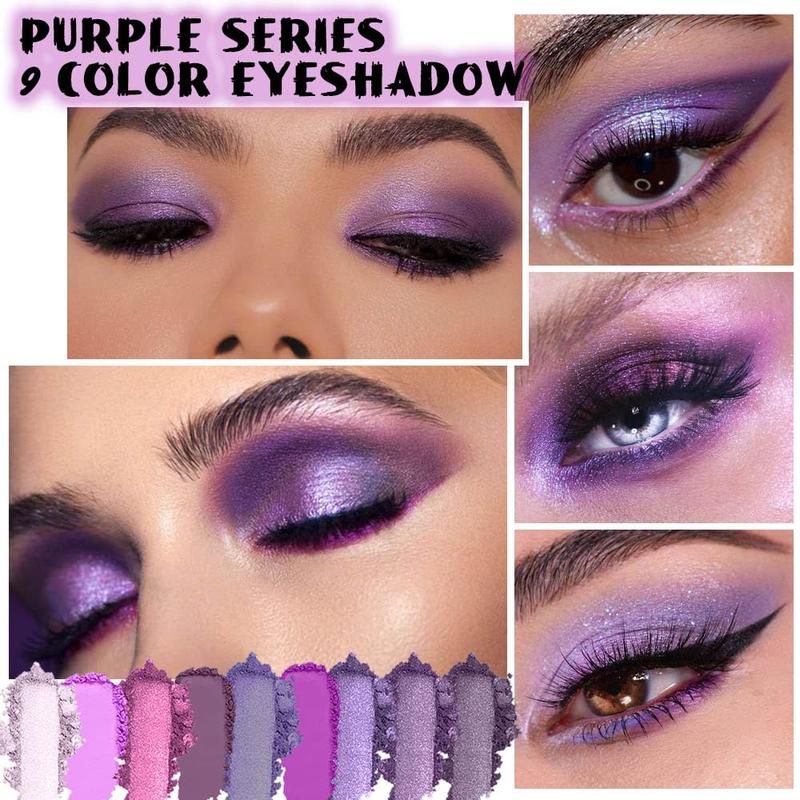 9 Colors Purple Pink Lavender Glitter Shimmer Matte Eye Shadow Palette Makeup Highly Pigmented Waterproof Violet Mauve Dark Purple Silver Pearl White Shimmer Sparkling Party Eyeshadow Palette