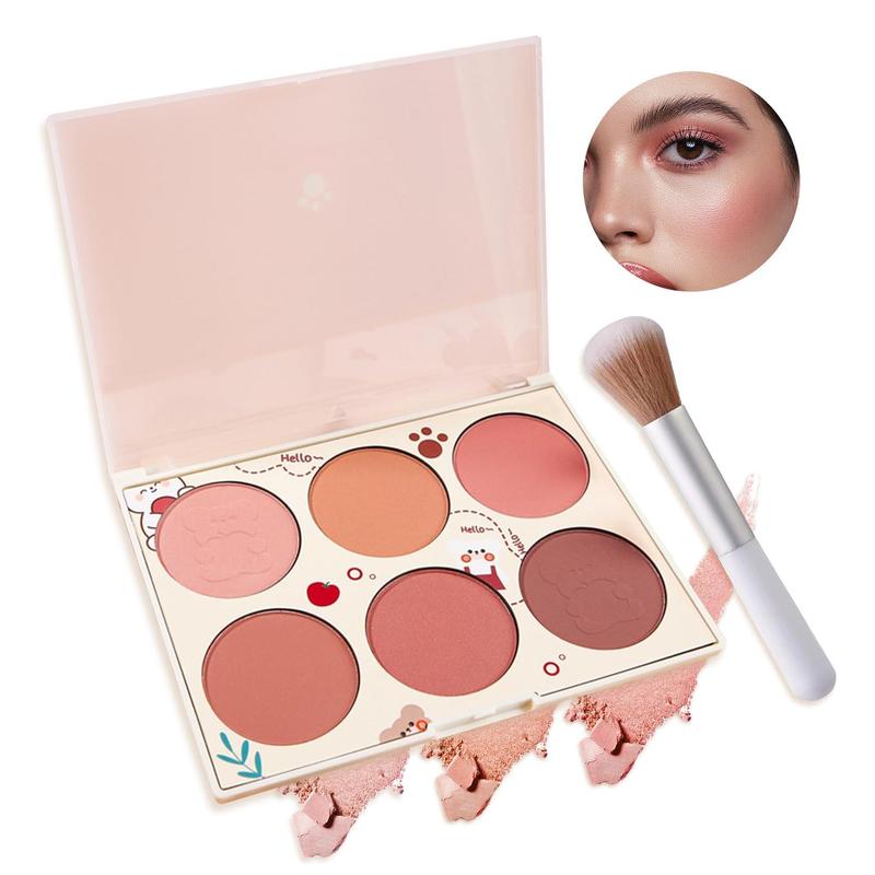 6-color blush palette, shimmer silky matte, professional cute face contour highlight blush palette with blush makeup brush