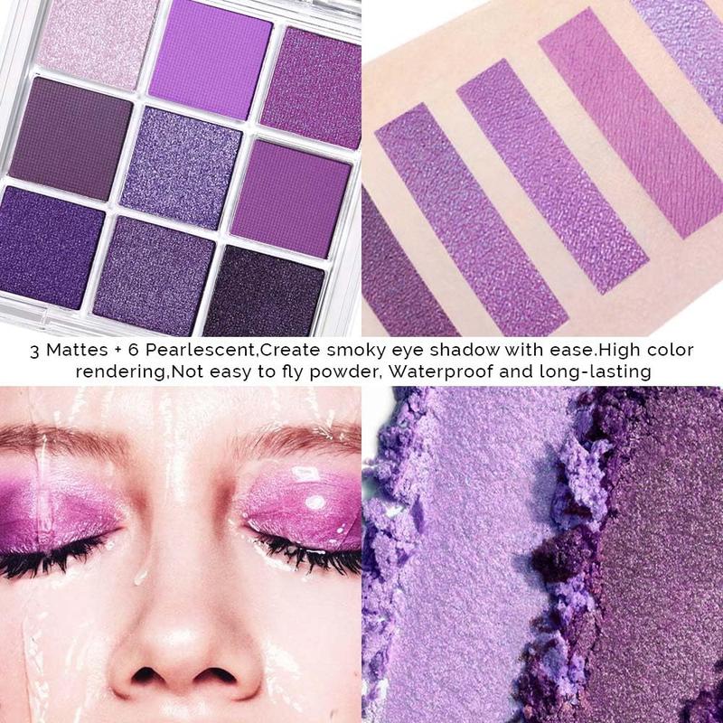 9 Colors Purple Pink Lavender Glitter Shimmer Matte Eye Shadow Palette Makeup Highly Pigmented Waterproof Violet Mauve Dark Purple Silver Pearl White Shimmer Sparkling Party Eyeshadow Palette