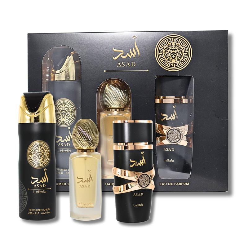 Lattafa Asad 3 Piece Gift Set - Eau de Parfum 3.4FL.OZ, Perfumed Spray 6.67FL.OZ & Hair Mist For Men