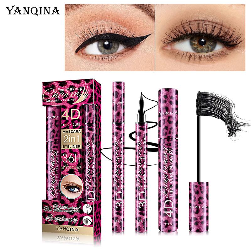 Silk Fiber Mascaras & Eyeliner Anti-Smudge Waterproof,Thickening Eyes Makeup,Enlarge Eyes 2 Pack Mascara Eyeliner Set, 4D Silk Fiber Eyelash Mascara And Liquid Eyeliner, Thicker Voluminous Eyelashes, Long-Lasting Waterproof Smudge-Proof Eyes Makeup Kit